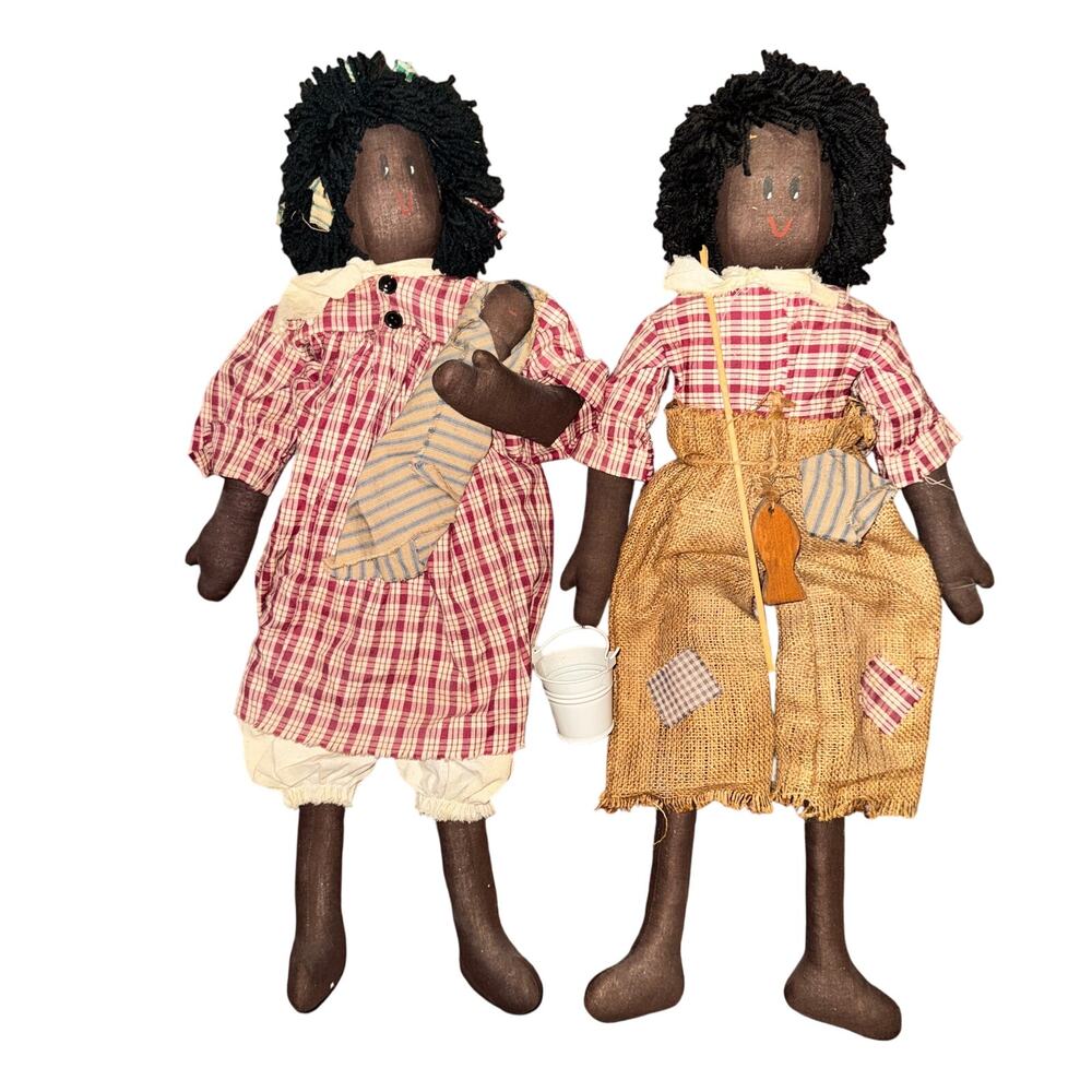 Vtg Primitive Folk Art Cloth Dolls Hand Made Americana Man Fisherman Woman Baby